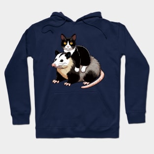 Cute Tuxedo Cat On A Opossum Hoodie